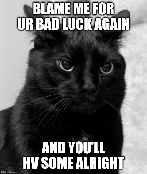 Black cat pissed | BLAME ME FOR UR BAD LUCK AGAIN; AND YOU'LL HV SOME ALRIGHT | image tagged in black cat pissed | made w/ Imgflip meme maker