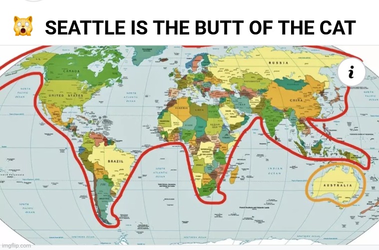 Meow |  SEATTLE IS THE BUTT OF THE CAT | image tagged in seattle,butt,cat | made w/ Imgflip meme maker