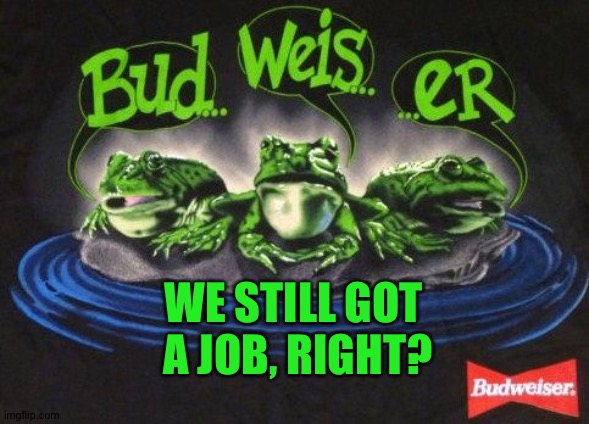 Budweiser Frogs | WE STILL GOT 
A JOB, RIGHT? | image tagged in budweiser frogs | made w/ Imgflip meme maker
