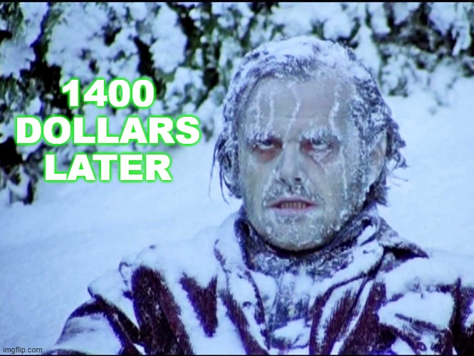 1400 DOLLARS LATER | 1400 DOLLARS LATER | image tagged in frozen jack | made w/ Imgflip meme maker