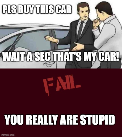 car | PLS BUY THIS CAR; WAIT A SEC THAT'S MY CAR! YOU REALLY ARE STUPID | image tagged in memes,car salesman slaps roof of car,infiltrating the airship fail | made w/ Imgflip meme maker