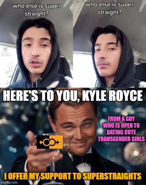 HERE'S TO YOU, KYLE ROYCE; FROM A GUY WHO IS OPEN TO DATING CUTE TRANSGENDER GIRLS; I OFFER MY SUPPORT TO SUPERSTRAIGHTS | image tagged in memes,leonardo dicaprio cheers,tiktok,straight,transgender,dating | made w/ Imgflip meme maker