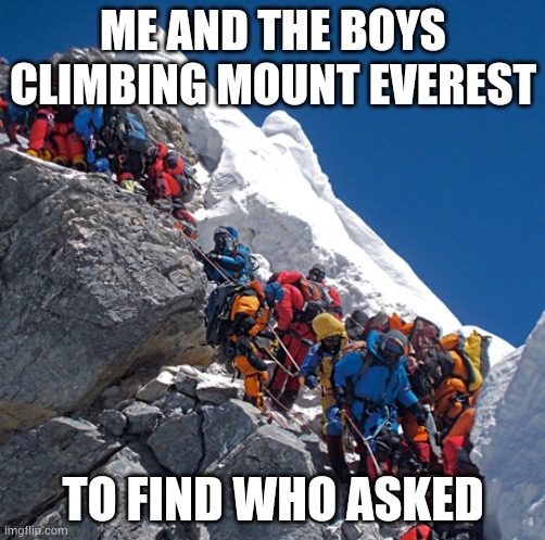 Mount Everest crowded | ME AND THE BOYS CLIMBING MOUNT EVEREST TO FIND WHO ASKED | image tagged in mount everest crowded | made w/ Imgflip meme maker