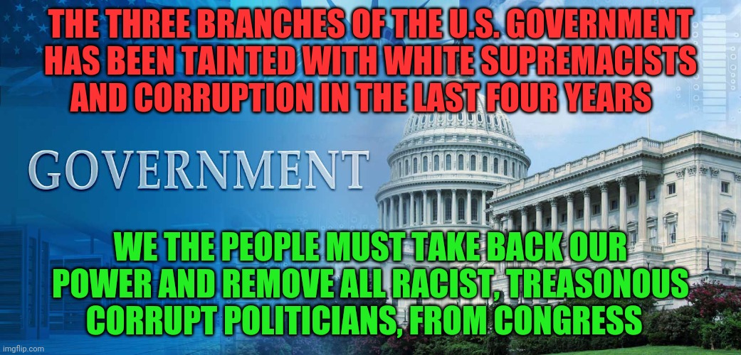government meme | THE THREE BRANCHES OF THE U.S. GOVERNMENT HAS BEEN TAINTED WITH WHITE SUPREMACISTS    AND CORRUPTION IN THE LAST FOUR YEARS; WE THE PEOPLE MUST TAKE BACK OUR POWER AND REMOVE ALL RACIST, TREASONOUS CORRUPT POLITICIANS, FROM CONGRESS | image tagged in government meme | made w/ Imgflip meme maker