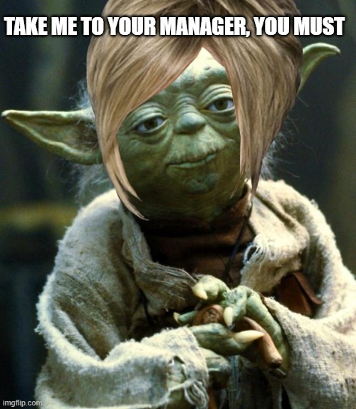 karen yoda be like | TAKE ME TO YOUR MANAGER, YOU MUST | image tagged in reeeeeeeeeeeeeeeeeeeeee | made w/ Imgflip meme maker