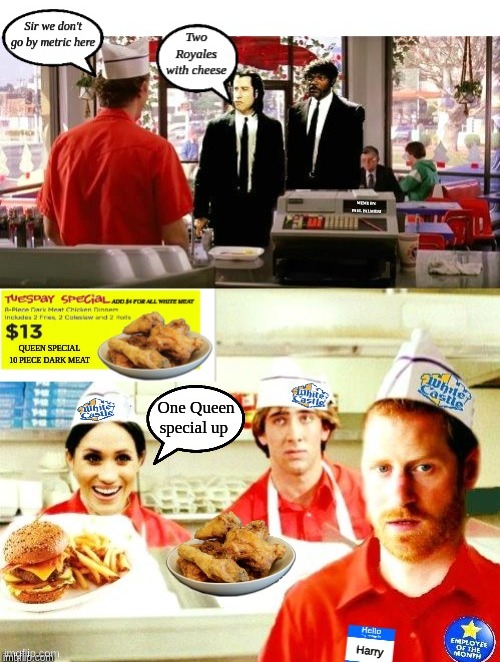 PULP FRICTION-MEGHAN FINDS HARRY AN AMERICAN CASTLE | image tagged in meghan markle,prince harry,oprah winfrey,pulp fiction,queen of england,funny memes | made w/ Imgflip meme maker