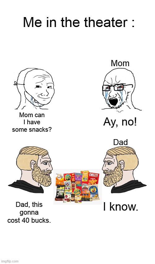 Me in the theater: | Me in the theater :; Mom; Ay, no! Mom can I have some snacks? Dad; Dad, this gonna cost 40 bucks. I know. | image tagged in crying wojak / i know chad meme | made w/ Imgflip meme maker