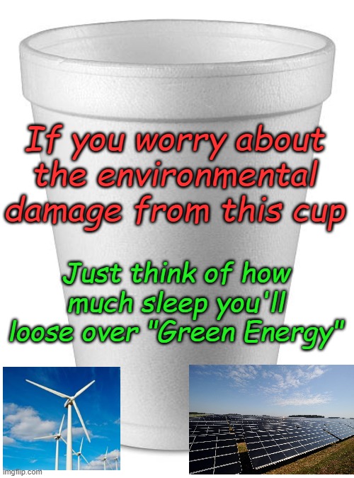 Windmills and solar farms aren't recyclable and they are already filling up landfills. | If you worry about the environmental damage from this cup; Just think of how much sleep you'll loose over "Green Energy" | image tagged in styrofoam cup | made w/ Imgflip meme maker