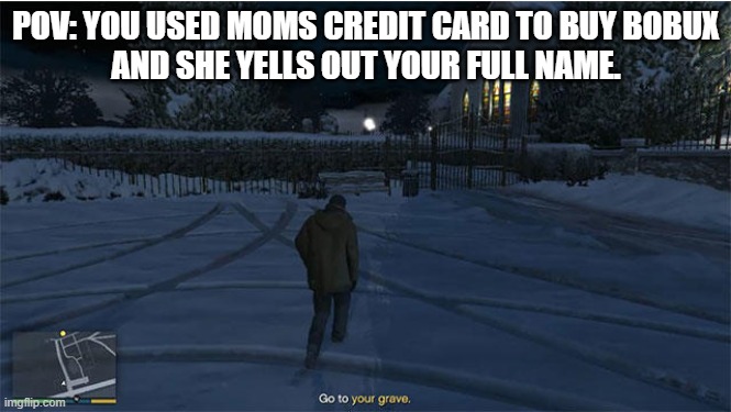 Go to your grave | POV: YOU USED MOMS CREDIT CARD TO BUY BOBUX
AND SHE YELLS OUT YOUR FULL NAME. | image tagged in go to your grave | made w/ Imgflip meme maker