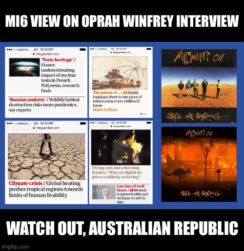 Culprits identified | MI6 VIEW ON OPRAH WINFREY INTERVIEW; WATCH OUT, AUSTRALIAN REPUBLIC | image tagged in oprah winfrey,royals,australia,republic,cia,intelligence | made w/ Imgflip meme maker