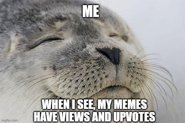 happy | ME; WHEN I SEE, MY MEMES HAVE VIEWS AND UPVOTES | image tagged in memes,satisfied seal | made w/ Imgflip meme maker