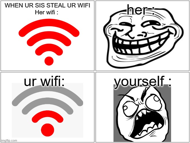 WHERE DID MAH WIFI GO | WHEN UR SIS STEAL UR WIFI
Her wifi :; her :; ur wifi:; yourself : | image tagged in memes,blank comic panel 2x2 | made w/ Imgflip meme maker