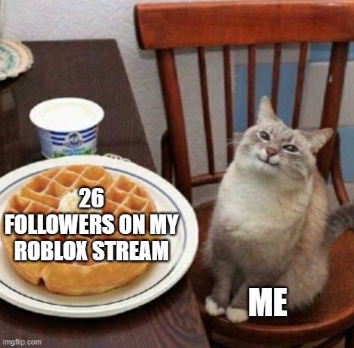 Cat likes their waffle | 26 FOLLOWERS ON MY ROBLOX STREAM; ME | image tagged in cat likes their waffle | made w/ Imgflip meme maker