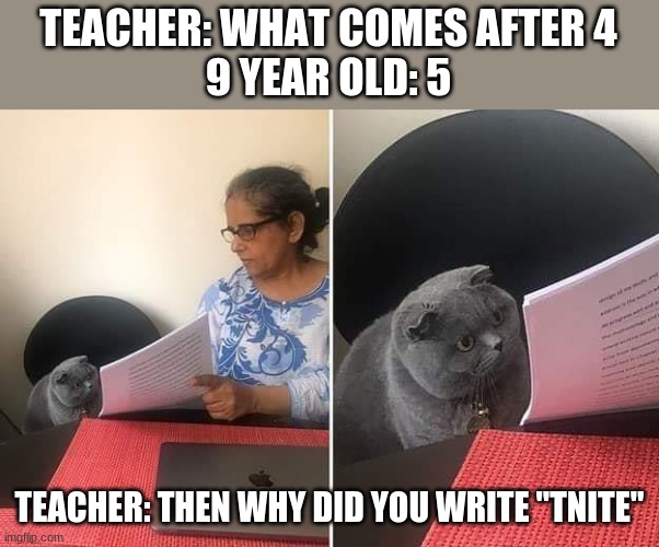 Woman showing paper to cat | TEACHER: WHAT COMES AFTER 4
9 YEAR OLD: 5; TEACHER: THEN WHY DID YOU WRITE "TNITE" | image tagged in woman showing paper to cat,memes,hahaha | made w/ Imgflip meme maker