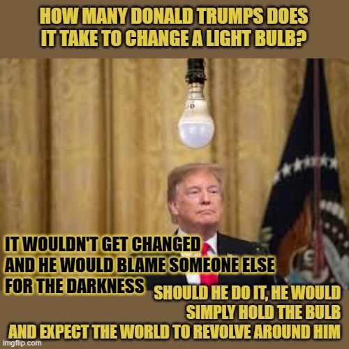 How many Donald Trumps does it take to change a light bulb? | HOW MANY DONALD TRUMPS DOES IT TAKE TO CHANGE A LIGHT BULB? IT WOULDN'T GET CHANGED 
AND HE WOULD BLAME SOMEONE ELSE 
FOR THE DARKNESS; SHOULD HE DO IT, HE WOULD SIMPLY HOLD THE BULB
AND EXPECT THE WORLD TO REVOLVE AROUND HIM | image tagged in donald trump,lightbulb | made w/ Imgflip meme maker
