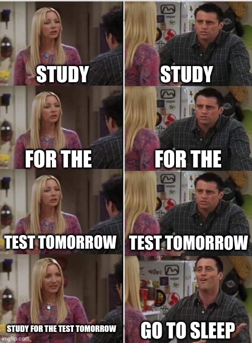 Phoebe Joey | STUDY; STUDY; FOR THE; FOR THE; TEST TOMORROW; TEST TOMORROW; STUDY FOR THE TEST TOMORROW; GO TO SLEEP | image tagged in phoebe joey | made w/ Imgflip meme maker