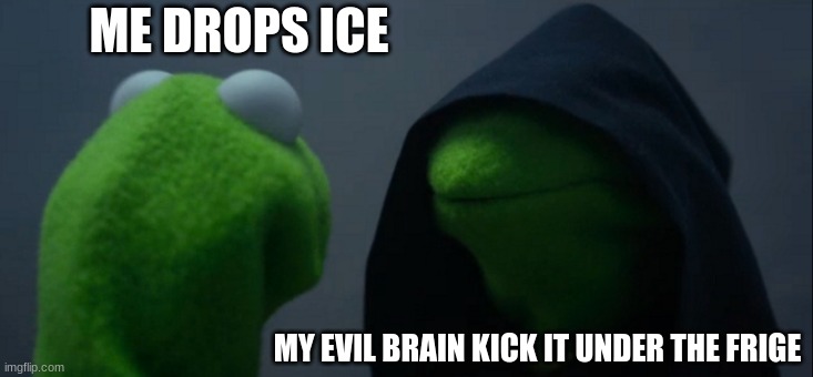 noice meme | ME DROPS ICE; MY EVIL BRAIN KICK IT UNDER THE FRIDGE | image tagged in memes,evil kermit | made w/ Imgflip meme maker