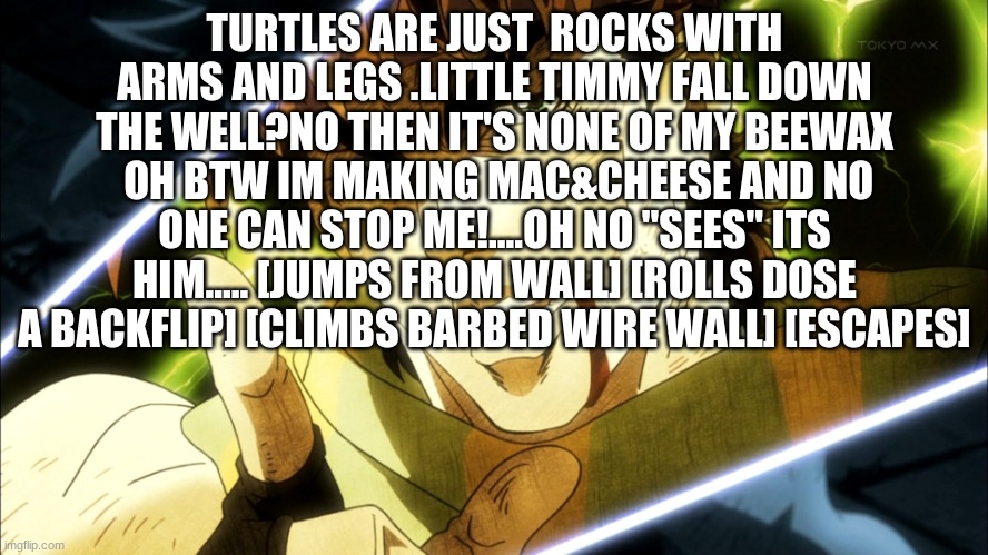 my number one plan | TURTLES ARE JUST  ROCKS WITH ARMS AND LEGS .LITTLE TIMMY FALL DOWN THE WELL?NO THEN IT'S NONE OF MY BEEWAX  OH BTW IM MAKING MAC&CHEESE AND NO ONE CAN STOP ME!....OH NO "SEES" ITS HIM..... [JUMPS FROM WALL] [ROLLS DOSE A BACKFLIP] [CLIMBS BARBED WIRE WALL] [ESCAPES] | image tagged in jojo meme | made w/ Imgflip meme maker