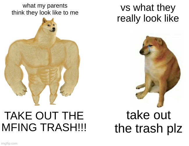 true tho | what my parents think they look like to me; vs what they really look like; TAKE OUT THE MFING TRASH!!! take out the trash plz | image tagged in memes,buff doge vs cheems | made w/ Imgflip meme maker