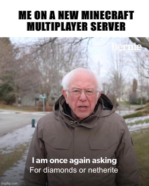 This is me | ME ON A NEW MINECRAFT MULTIPLAYER SERVER; For diamonds or netherite | image tagged in memes,bernie i am once again asking for your support | made w/ Imgflip meme maker