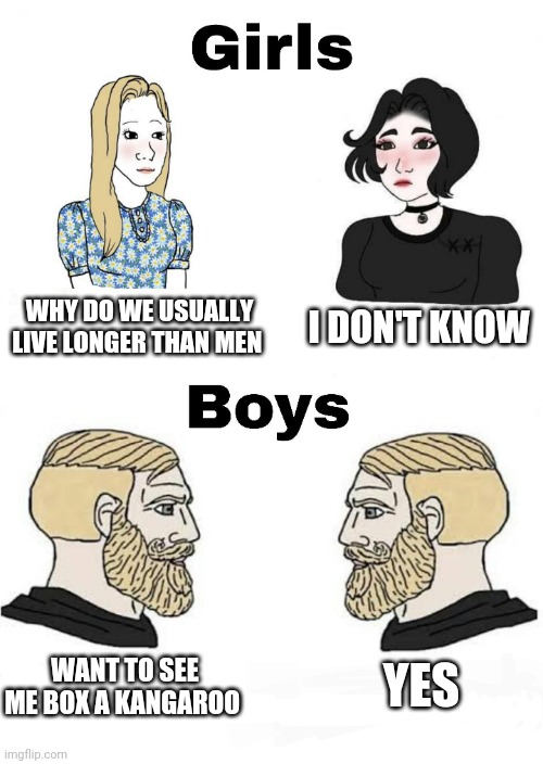 Girls vs Boys | I DON'T KNOW; WHY DO WE USUALLY LIVE LONGER THAN MEN; YES; WANT TO SEE ME BOX A KANGAROO | image tagged in girls vs boys,boys vs girls | made w/ Imgflip meme maker