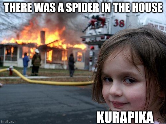 Disaster Girl | THERE WAS A SPIDER IN THE HOUSE; KURAPIKA | image tagged in memes,disaster girl | made w/ Imgflip meme maker