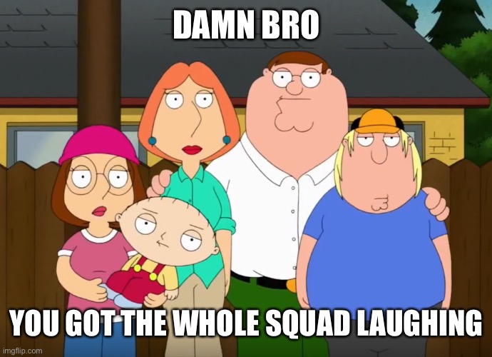 damn bro | DAMN BRO; YOU GOT THE WHOLE SQUAD LAUGHING | image tagged in damn bro | made w/ Imgflip meme maker