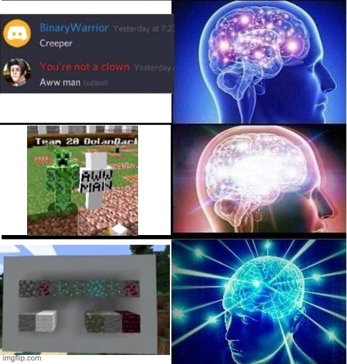 Creeper... AW MAN | image tagged in expanding brain 3 panels | made w/ Imgflip meme maker