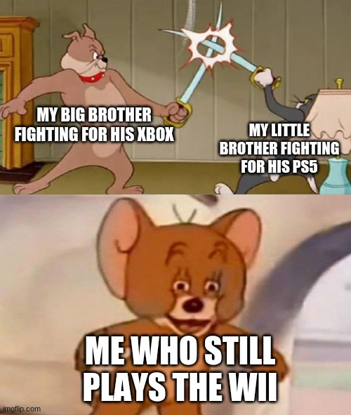 the fam | MY BIG BROTHER FIGHTING FOR HIS XBOX; MY LITTLE BROTHER FIGHTING FOR HIS PS5; ME WHO STILL PLAYS THE WII | image tagged in tom and jerry swordfight | made w/ Imgflip meme maker