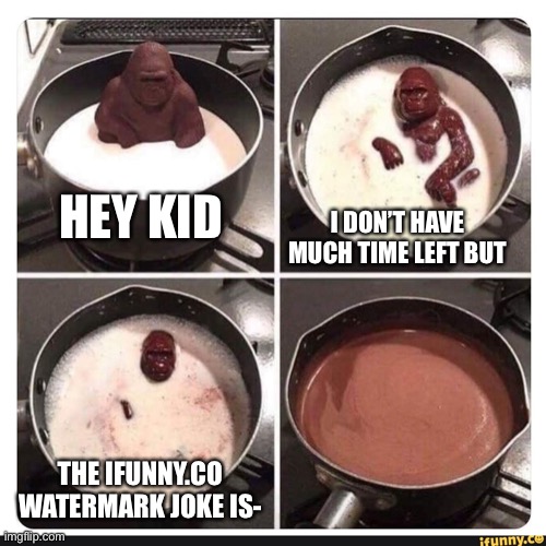 Melting gorilla | HEY KID; I DON’T HAVE MUCH TIME LEFT BUT; THE IFUNNY.CO WATERMARK JOKE IS- | image tagged in melting gorilla | made w/ Imgflip meme maker