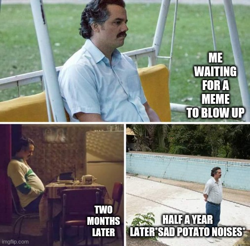 sad potato | ME WAITING FOR A MEME TO BLOW UP; TWO MONTHS LATER; HALF A YEAR LATER*SAD POTATO NOISES* | image tagged in memes,sad pablo escobar | made w/ Imgflip meme maker