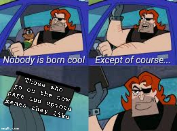 nobody is born cool except of course... | Those who go on the new page and upvote memes they like | image tagged in nobody is born cool except of course | made w/ Imgflip meme maker