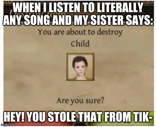 You are about to destroy Child | WHEN I LISTEN TO LITERALLY ANY SONG AND MY SISTER SAYS:; HEY! YOU STOLE THAT FROM TIK- | image tagged in you are about to destroy child | made w/ Imgflip meme maker