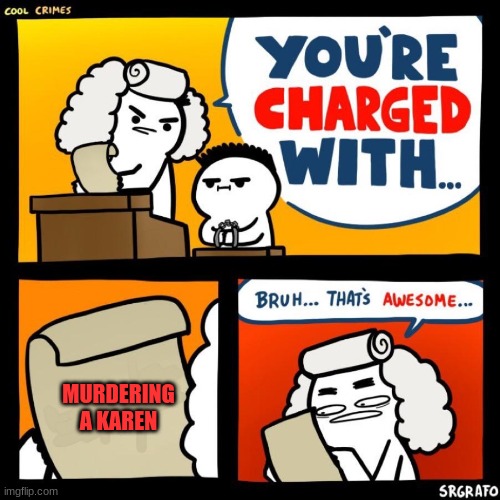 You're charged with being awesome | MURDERING A KAREN | image tagged in you're charged with being awesome | made w/ Imgflip meme maker