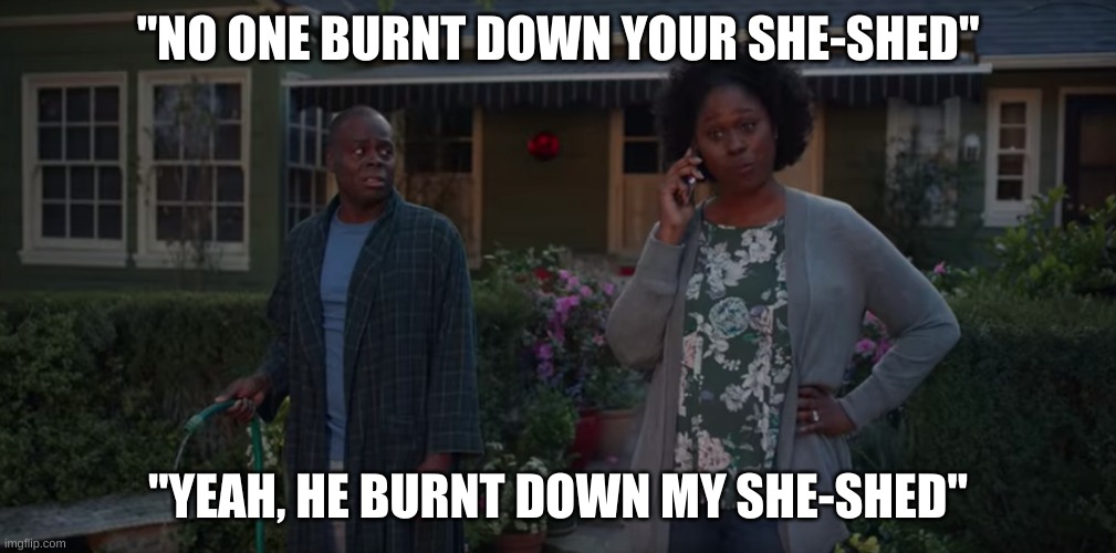 "NO ONE BURNT DOWN YOUR SHE-SHED"; "YEAH, HE BURNT DOWN MY SHE-SHED" | image tagged in state farm she shed | made w/ Imgflip meme maker