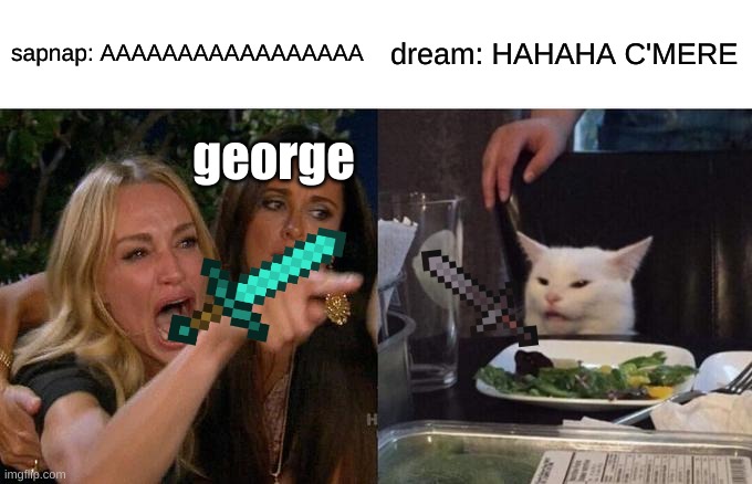 Woman Yelling At Cat | sapnap: AAAAAAAAAAAAAAAAA; dream: HAHAHA C'MERE; george | image tagged in memes,woman yelling at cat | made w/ Imgflip meme maker