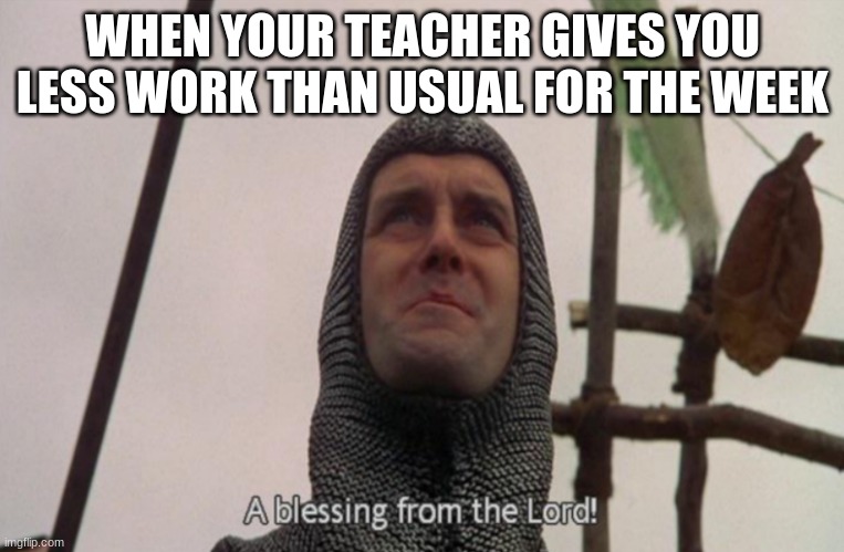 truly a blessing | WHEN YOUR TEACHER GIVES YOU LESS WORK THAN USUAL FOR THE WEEK | image tagged in a blessing from the lord | made w/ Imgflip meme maker