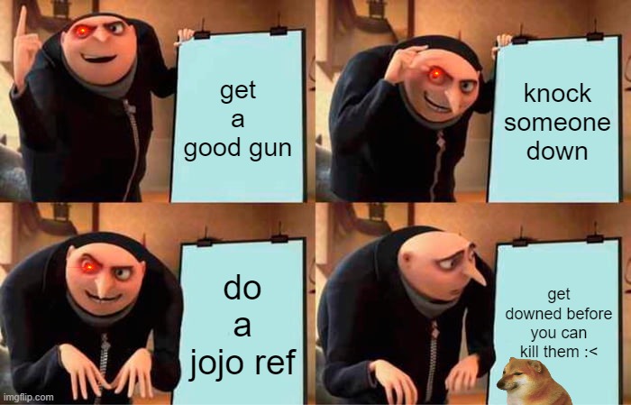 Gru's Plan | get a good gun; knock someone down; do a jojo ref; get downed before you can kill them :< | image tagged in memes,gru's plan | made w/ Imgflip meme maker