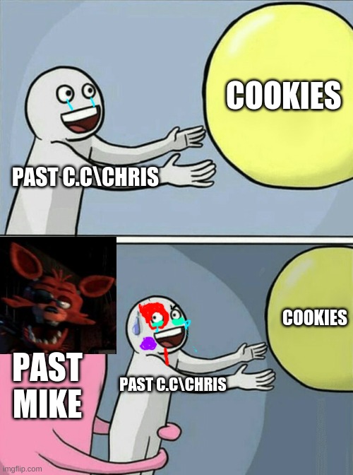 Running Away Balloon | COOKIES; PAST C.C\CHRIS; COOKIES; PAST MIKE; PAST C.C\CHRIS | image tagged in memes,running away balloon | made w/ Imgflip meme maker