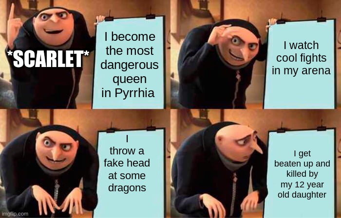 Gru's Plan Meme | I become the most dangerous queen in Pyrrhia; I watch cool fights in my arena; *SCARLET*; I throw a fake head at some dragons; I get beaten up and killed by my 12 year old daughter | image tagged in memes,gru's plan,wings of fire | made w/ Imgflip meme maker