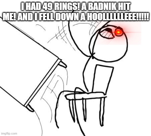 Table Flip Guy Meme | I HAD 49 RINGS! A BADNIK HIT ME! AND I FELL DOWN A HOOLLLLLLEEE!!!!! | image tagged in memes,table flip guy | made w/ Imgflip meme maker
