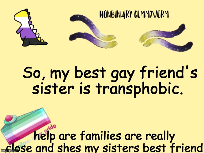She has said to my face that Avery isn't my real name, and because apparently knowing someone for 7 months gives you entitlement | So, my best gay friend's sister is transphobic. help are families are really close and shes my sisters best friend | made w/ Imgflip meme maker