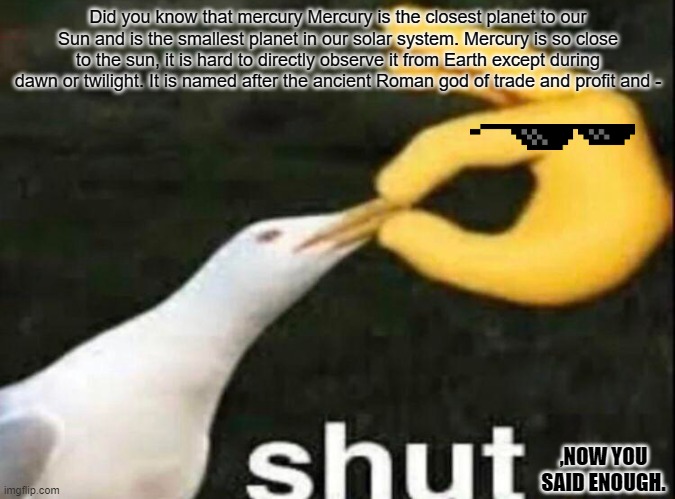 SHUT | Did you know that mercury Mercury is the closest planet to our Sun and is the smallest planet in our solar system. Mercury is so close to the sun, it is hard to directly observe it from Earth except during dawn or twilight. It is named after the ancient Roman god of trade and profit and -; ,NOW YOU SAID ENOUGH. | image tagged in shut | made w/ Imgflip meme maker