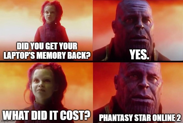 What did it cost? | YES. DID YOU GET YOUR LAPTOP'S MEMORY BACK? PHANTASY STAR ONLINE 2; WHAT DID IT COST? | image tagged in what did it cost | made w/ Imgflip meme maker