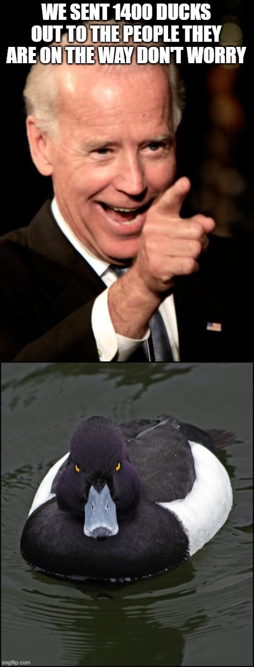 WE SENT 1400 DUCKS OUT TO THE PEOPLE THEY ARE ON THE WAY DON'T WORRY | image tagged in memes,smilin biden,angry duck | made w/ Imgflip meme maker