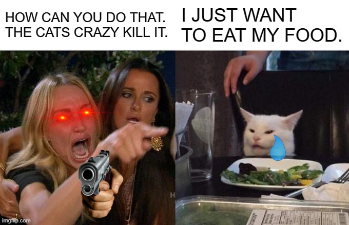 I JUST WANT TO EAT MY FOOD | HOW CAN YOU DO THAT. THE CATS CRAZY KILL IT. I JUST WANT TO EAT MY FOOD. | image tagged in memes,woman yelling at cat | made w/ Imgflip meme maker