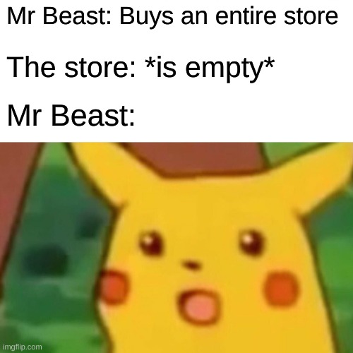 seems legit | Mr Beast: Buys an entire store; The store: *is empty*; Mr Beast: | image tagged in memes,surprised pikachu | made w/ Imgflip meme maker