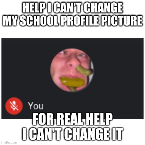 Help I can't change it | HELP I CAN'T CHANGE MY SCHOOL PROFILE PICTURE; FOR REAL HELP I CAN'T CHANGE IT | image tagged in help,me,please,im,dying,inside | made w/ Imgflip meme maker