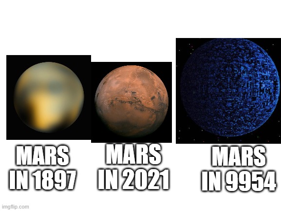 MARS TIMELINE | MARS IN 2021; MARS IN 9954; MARS IN 1897 | image tagged in blank white template,mars,future | made w/ Imgflip meme maker