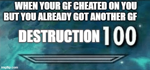 Skyrim skill meme | WHEN YOUR GF CHEATED ON YOU BUT YOU ALREADY GOT ANOTHER GF; DESTRUCTION | image tagged in skyrim skill meme | made w/ Imgflip meme maker